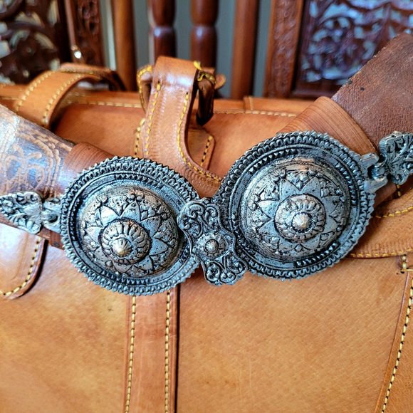 Vintage Greek Leather Belt with Shield Buckles - Made in Rhodes, Greece - Picture 1 of 9